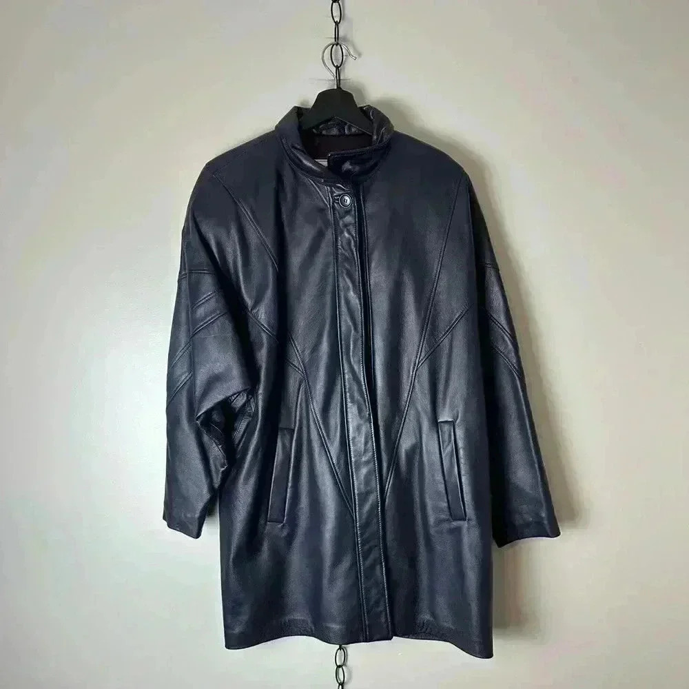 Vintage Fur Town Blue Long  Leather Jacket Small